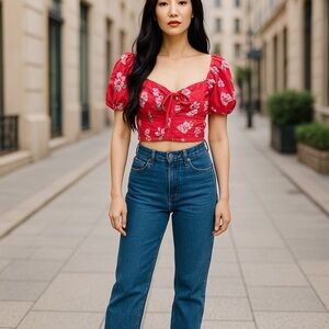 Band of Gypsies NWT Crop Top in Red Floral With Puckered Back Size Small